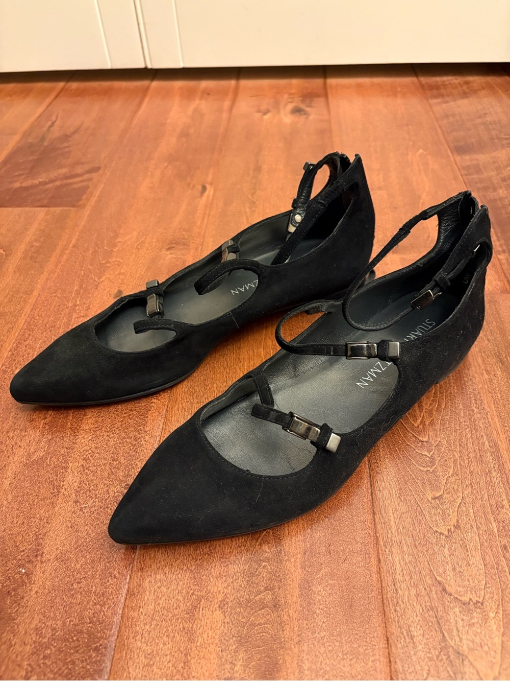 Stuart Weitzman Flippy Black Suede Triple Strap Pointed Mary Jane Flats Size 6.5